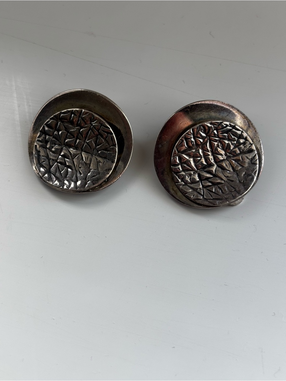 Vintage Clip On Earrings Sterling Silver 925 Textured Disks Need Cleaned Used